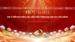 backdrop banner hội nghị xin ý kiến dự thảo các văn kiện trình đại hội XIV của Đảng ver hoa sen