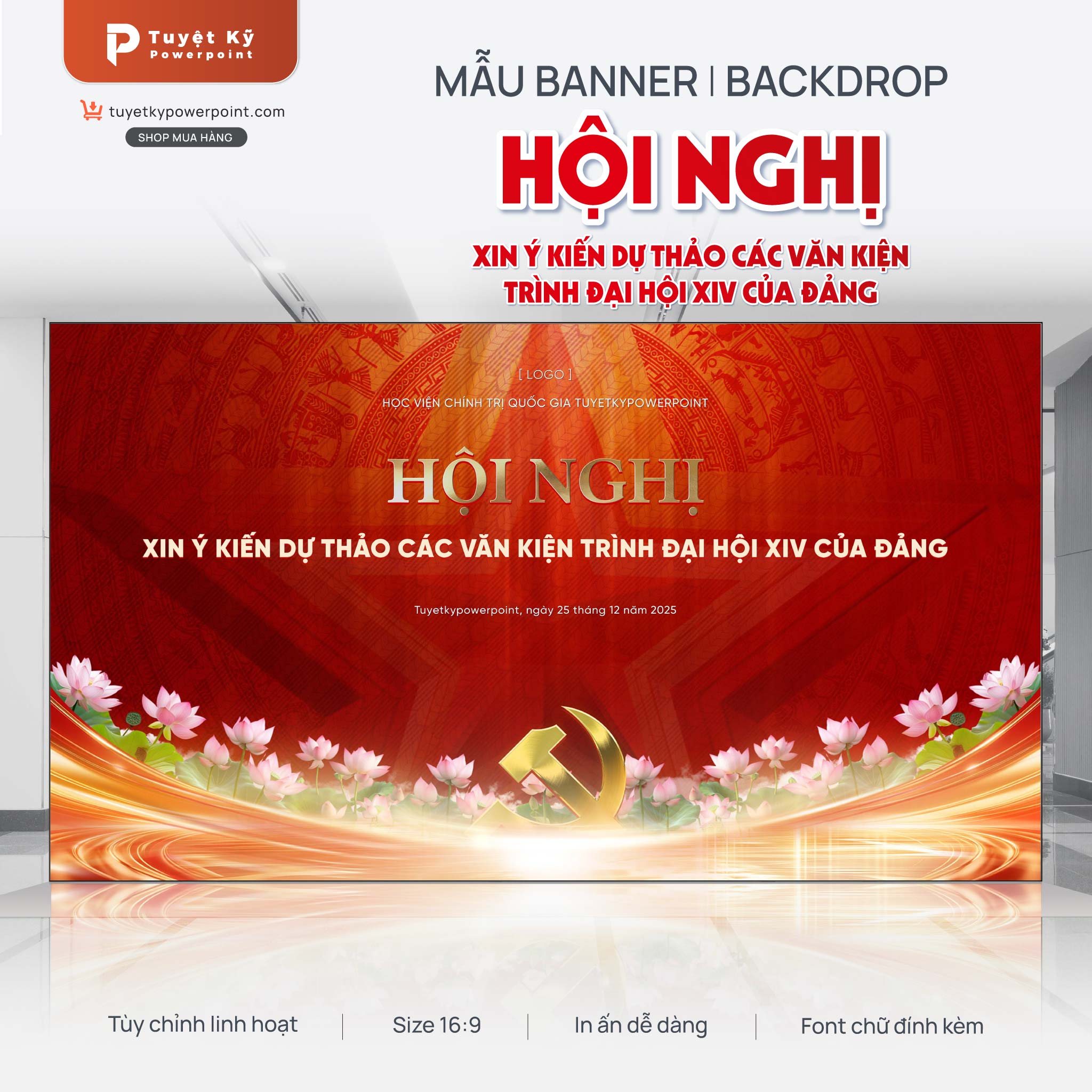 backdrop banner hội nghị xin ý kiến dự thảo các văn kiện trình đại hội XIV của Đảng ver hoa sen