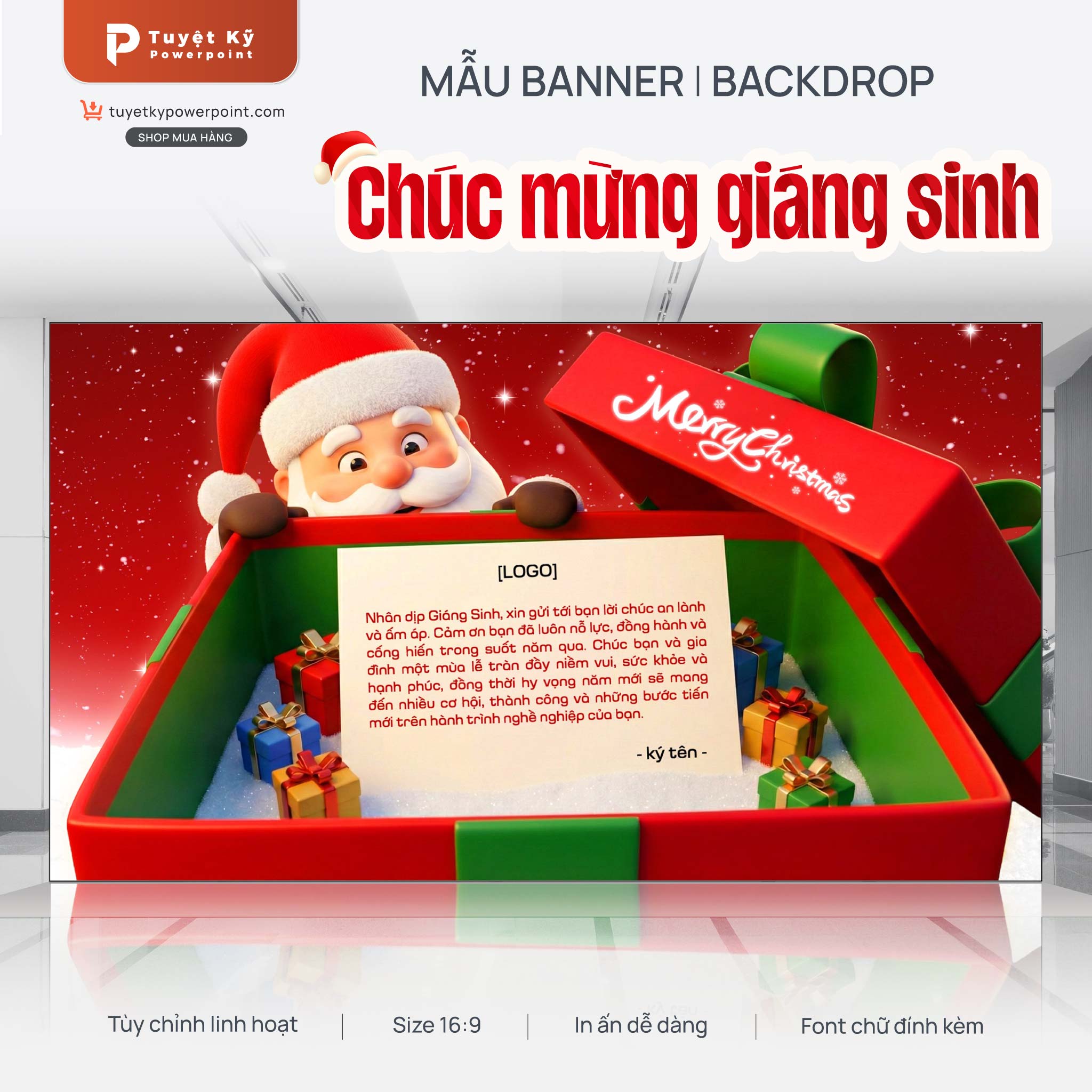 backdrop banner merry christmas hộp quà ông già noel