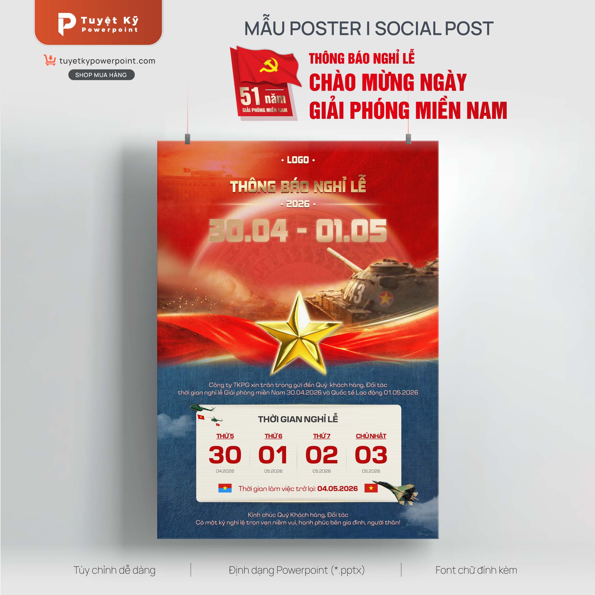 poster social post thông báo nghỉ lễ 30/4 và 1/5