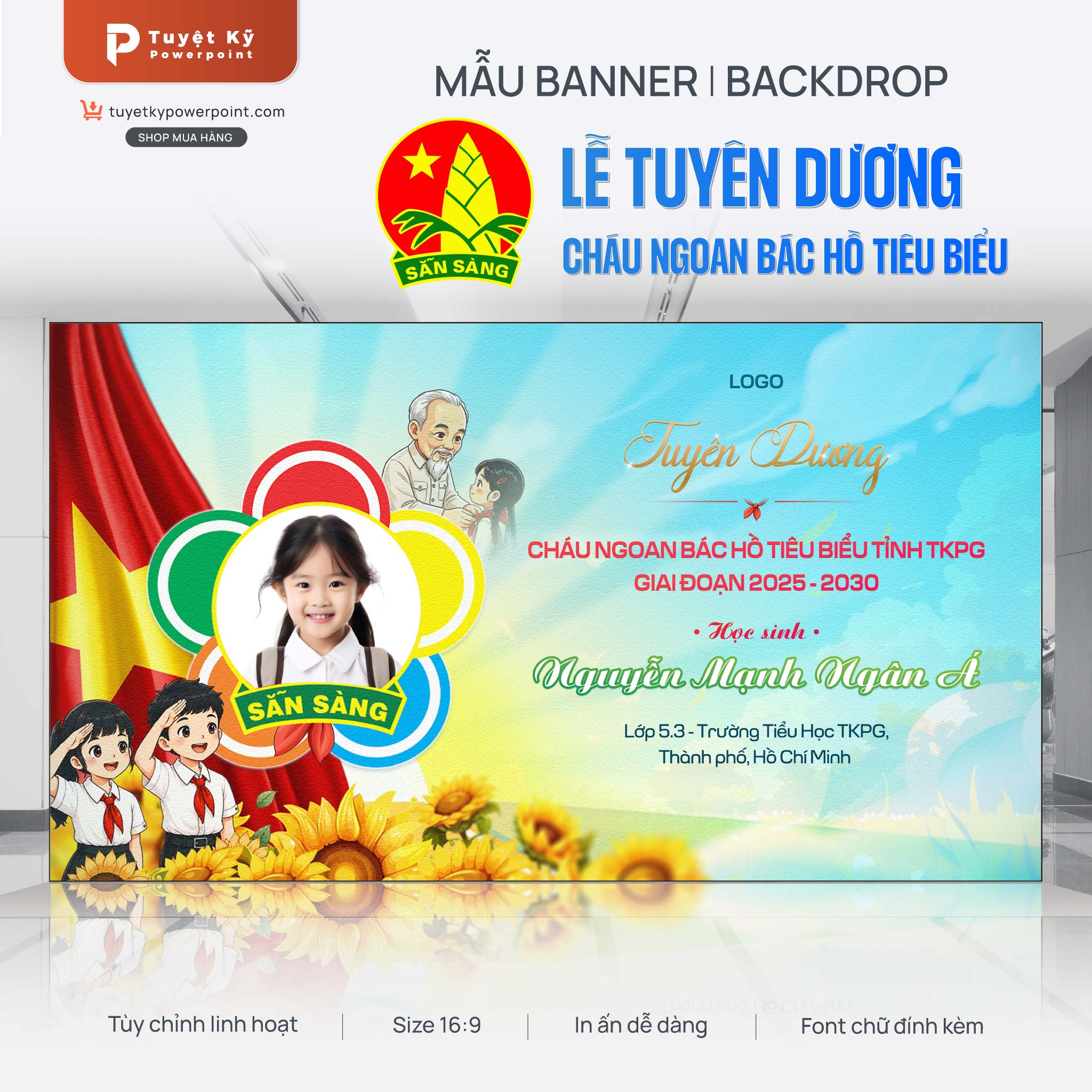 Backdrop lễ tuyên dương cháu ngoan Bác Hồ tiêu hiểu