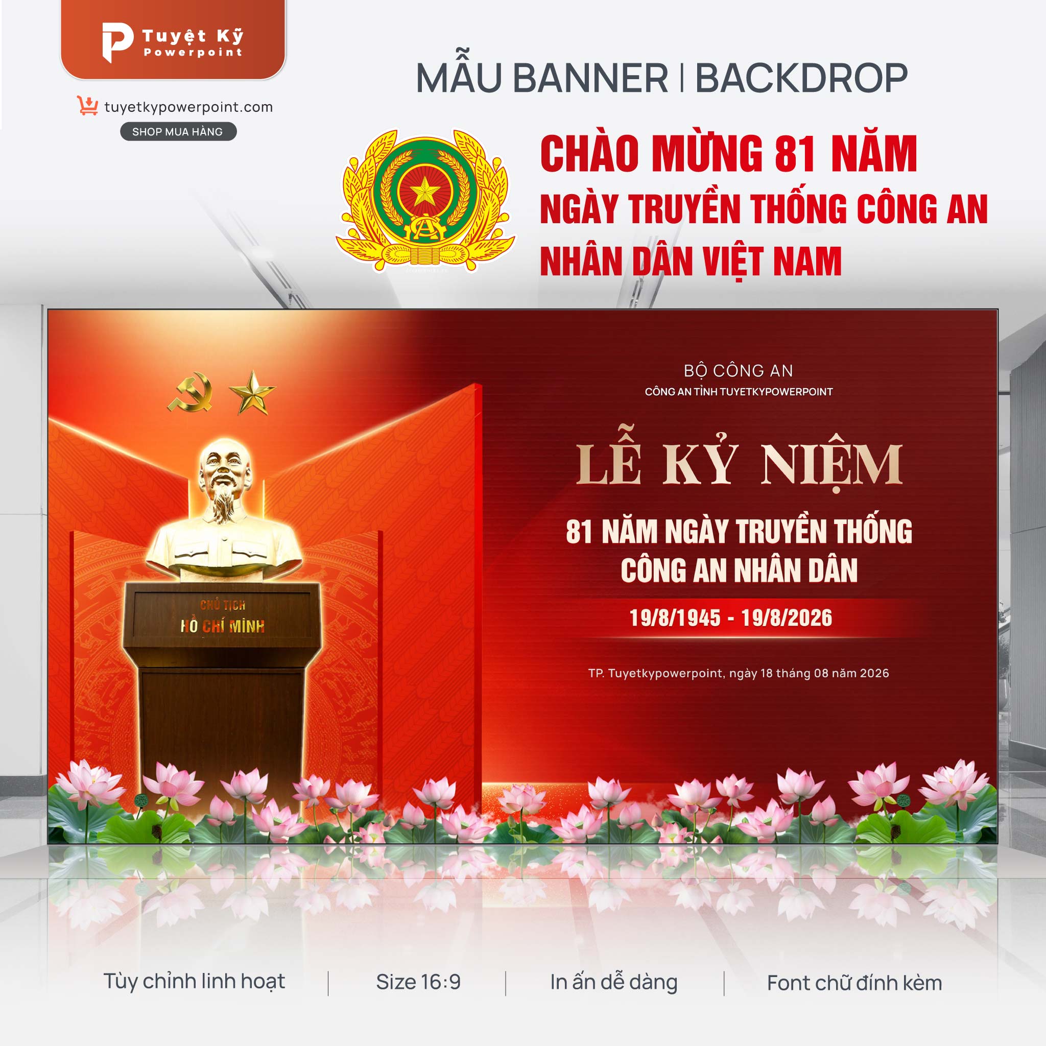 Mẫu Backdrop/Banner Lễ Kỷ Niệm 81 Năm Ngày Truyền Thống Công An Nhân Dân (19/8/1945 – 19/8/2026)